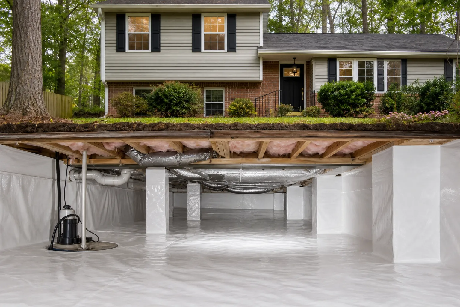 Split-level house above a crawl space lined with white vapor barrier, insulated ducts, support piers, and a sump pump.