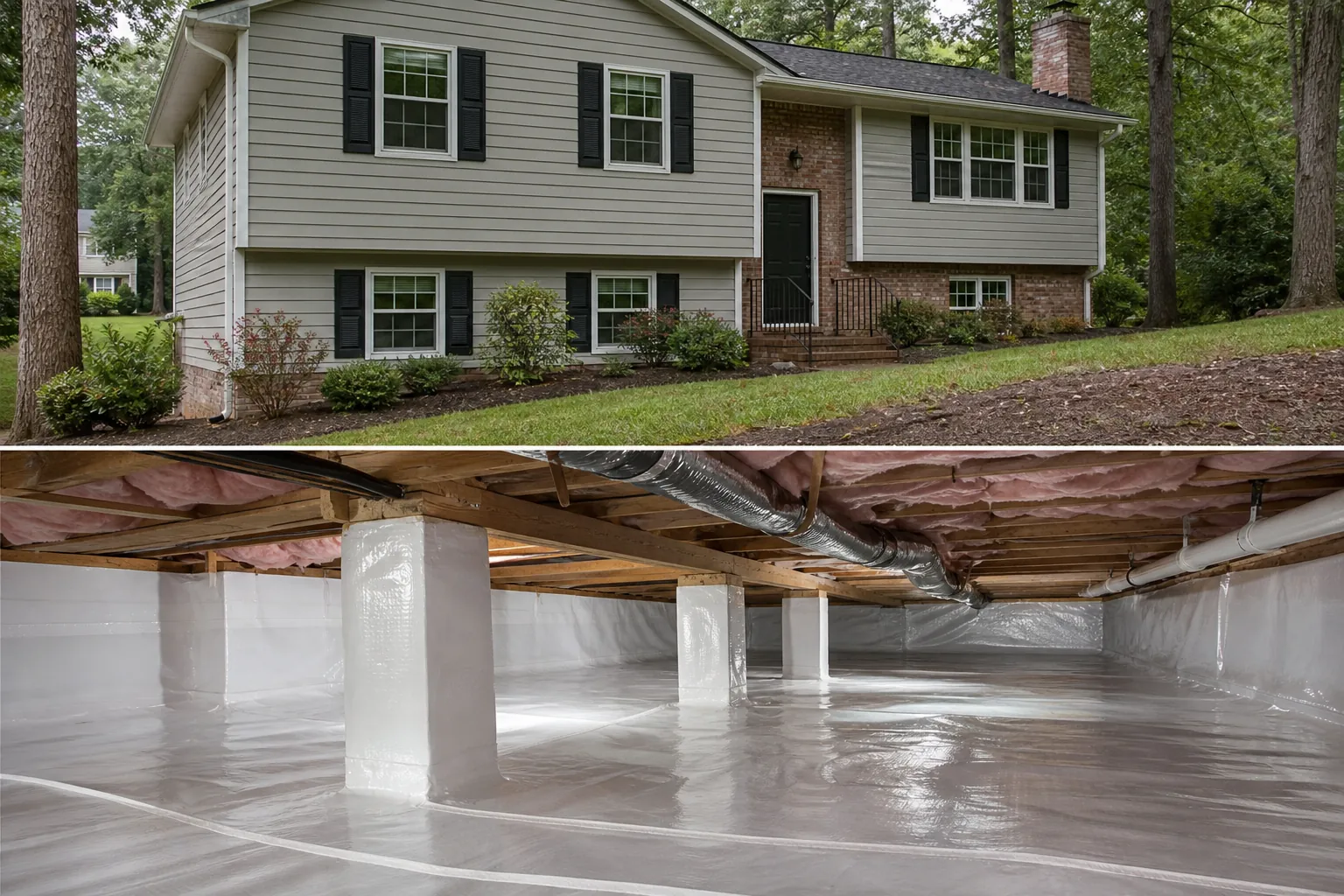 Split-level house exterior above a crawl space lined with white encapsulation material around support piers.