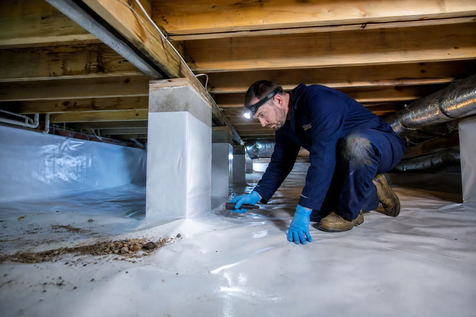 A worker wearing gloves and a headlamp inspects white encapsulation sheeting beneath a home's wooden floor joists.