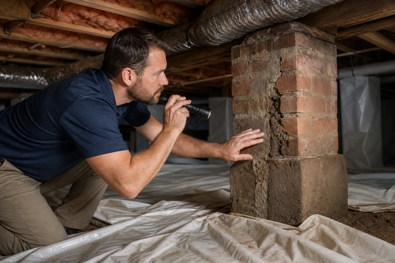 A man with a flashlight inspects a damaged brick support pier in a crawl space lined with plastic sheeting.