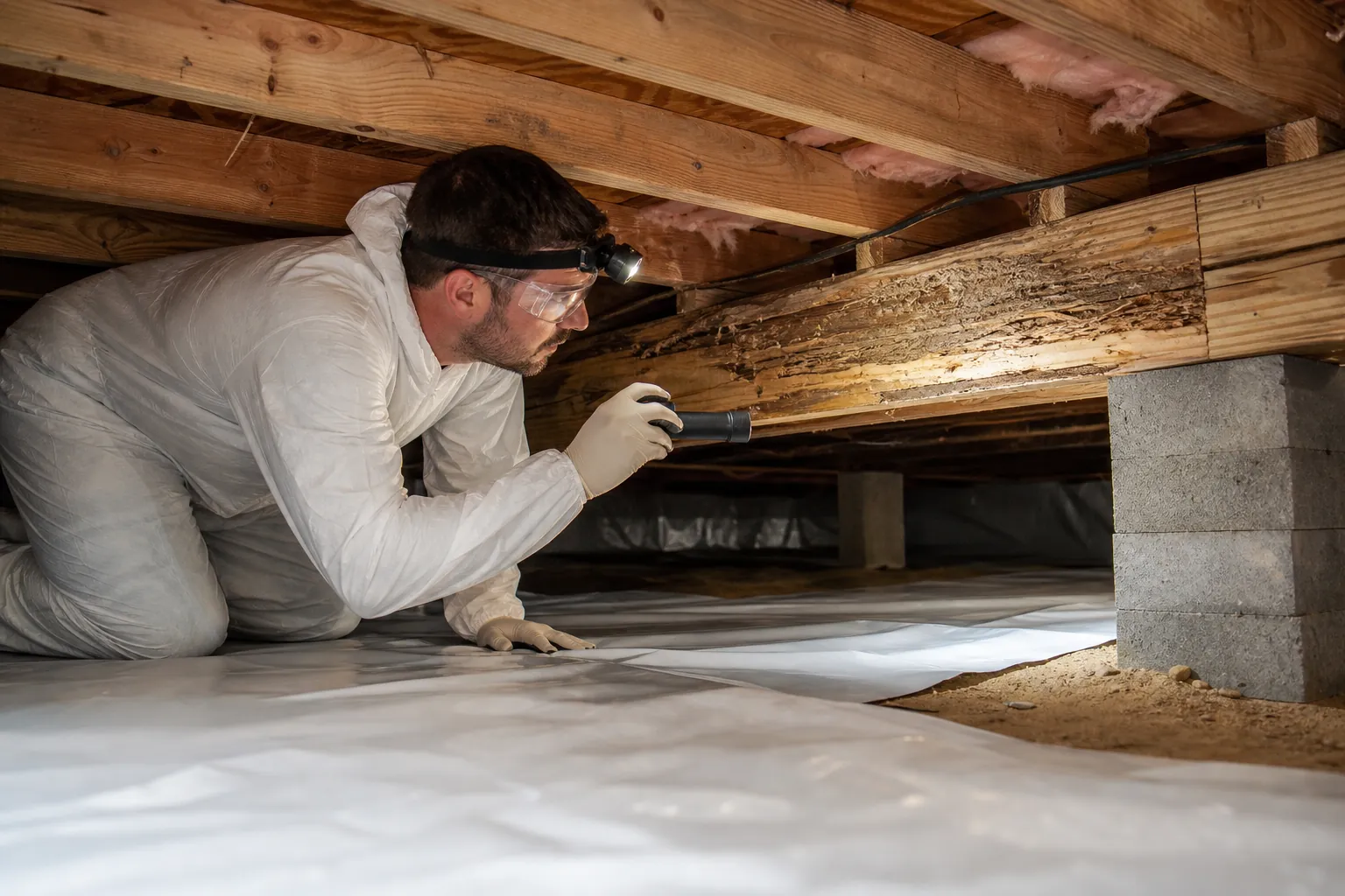 Technician in protective gear inspects termite-damaged wood above a crawl space vapor barrier with a flashlight.