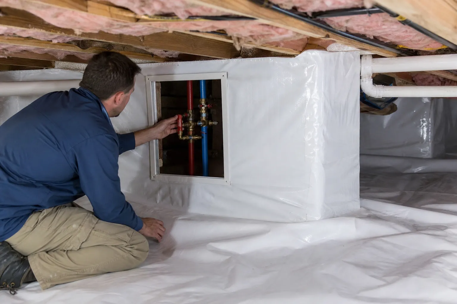 A kneeling man reaches toward plumbing shutoff valves through an access opening in a crawl space lined with white vapor barrier.