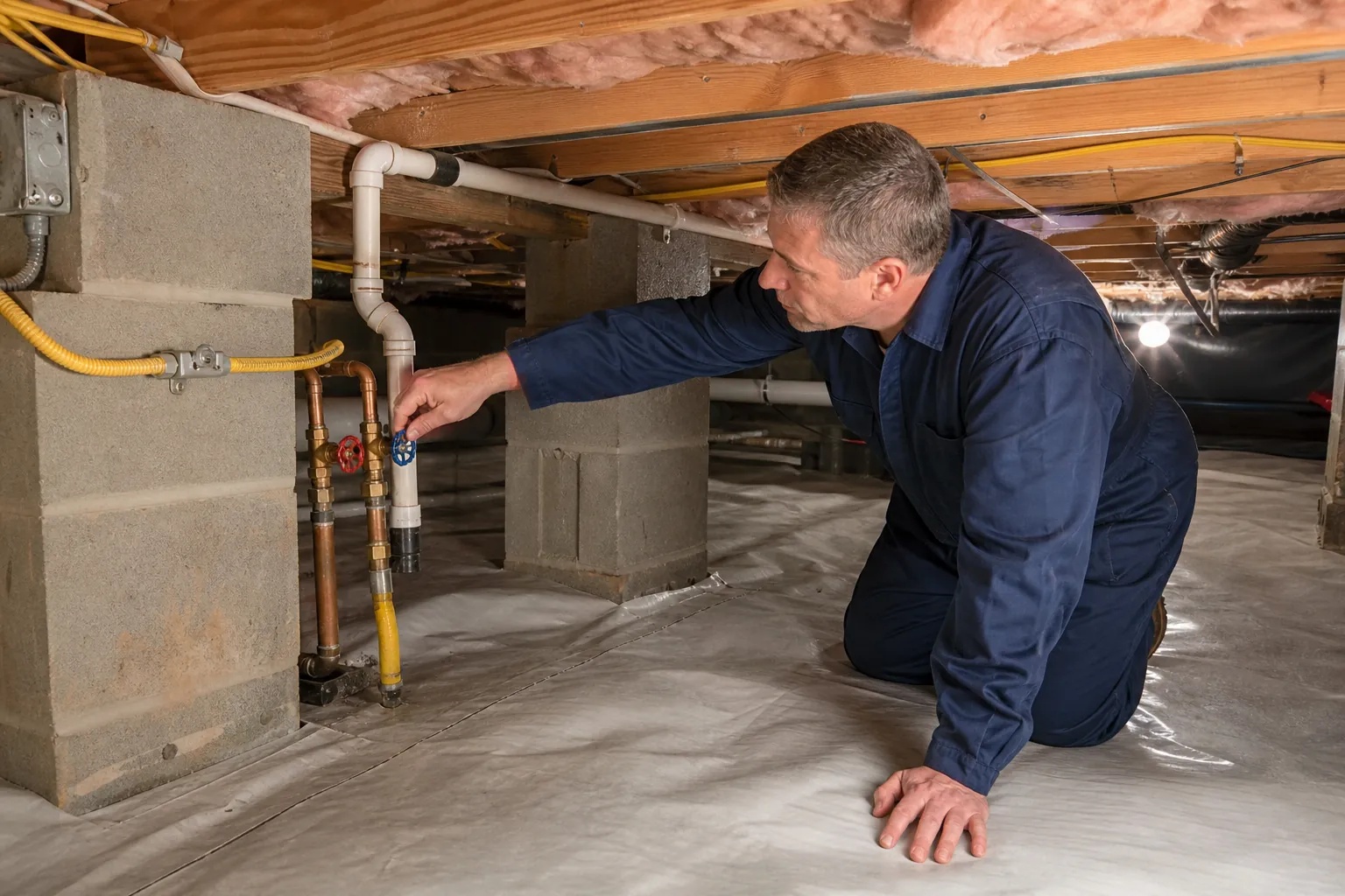 A man kneels on a crawl space vapor barrier and reaches toward a blue shutoff valve beside copper pipes and block supports.