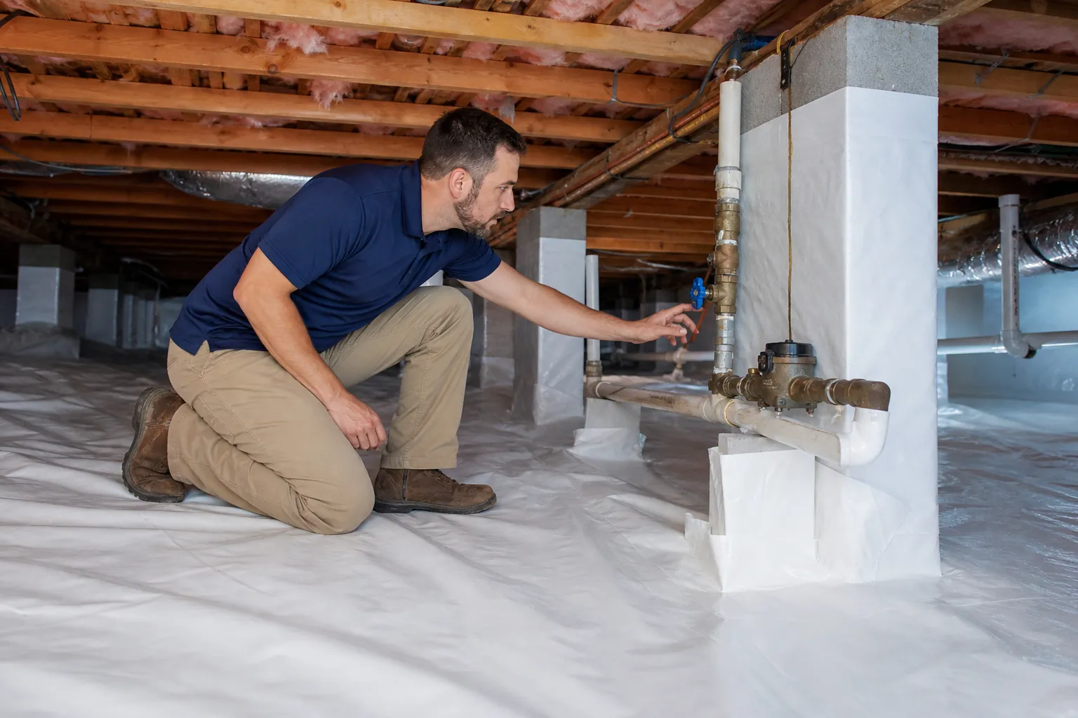 A man kneels on white crawl space encapsulation liner and reaches toward a blue utility shutoff valve beside a support pier.