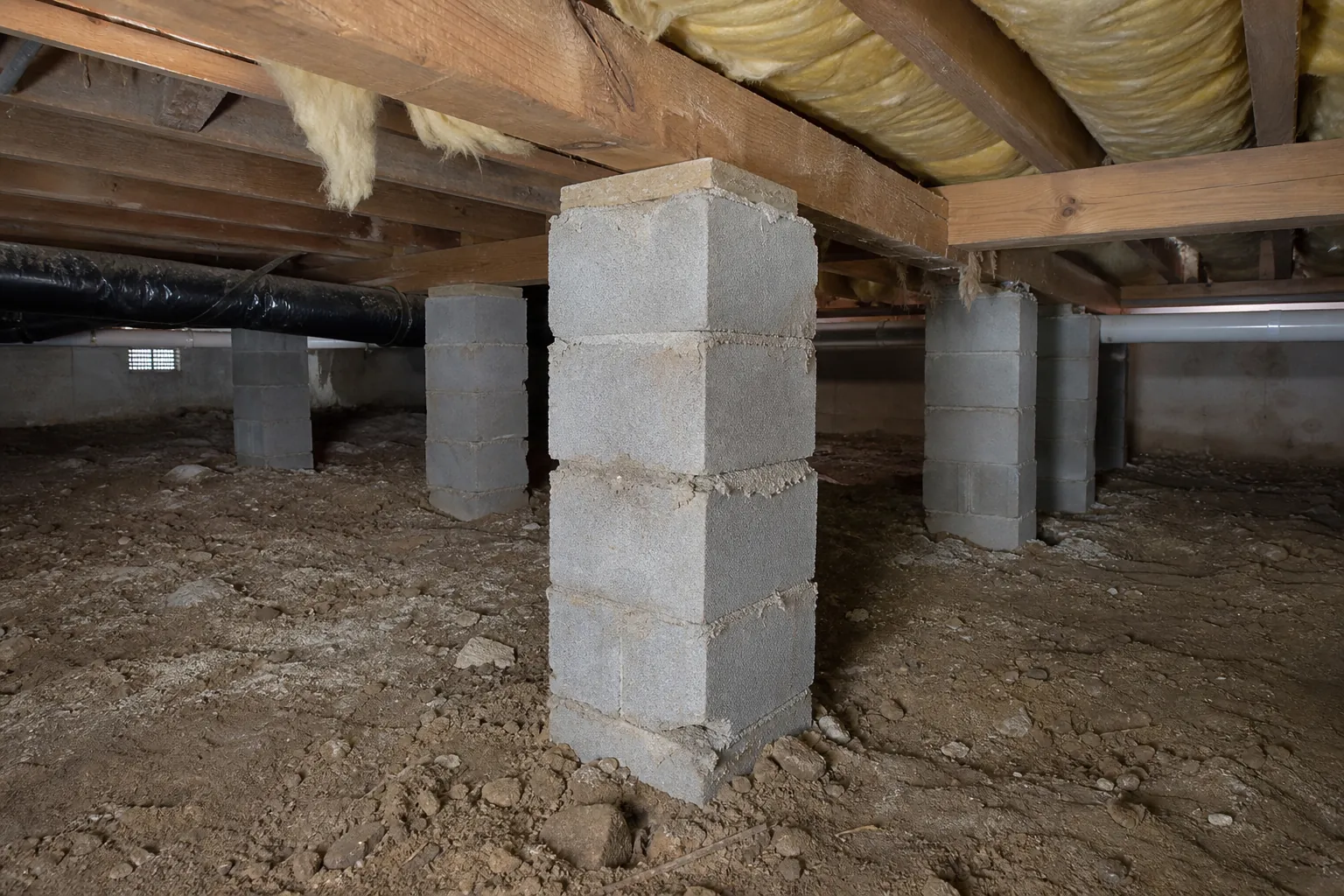 Unencapsulated dirt crawl space with concrete block masonry piers supporting exposed wood floor joists and insulation.