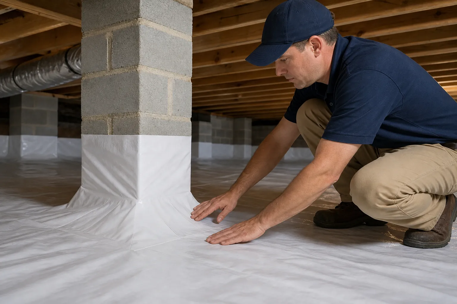Worker smooths a white ground liner where it wraps around a concrete block pier in an encapsulated crawl space.