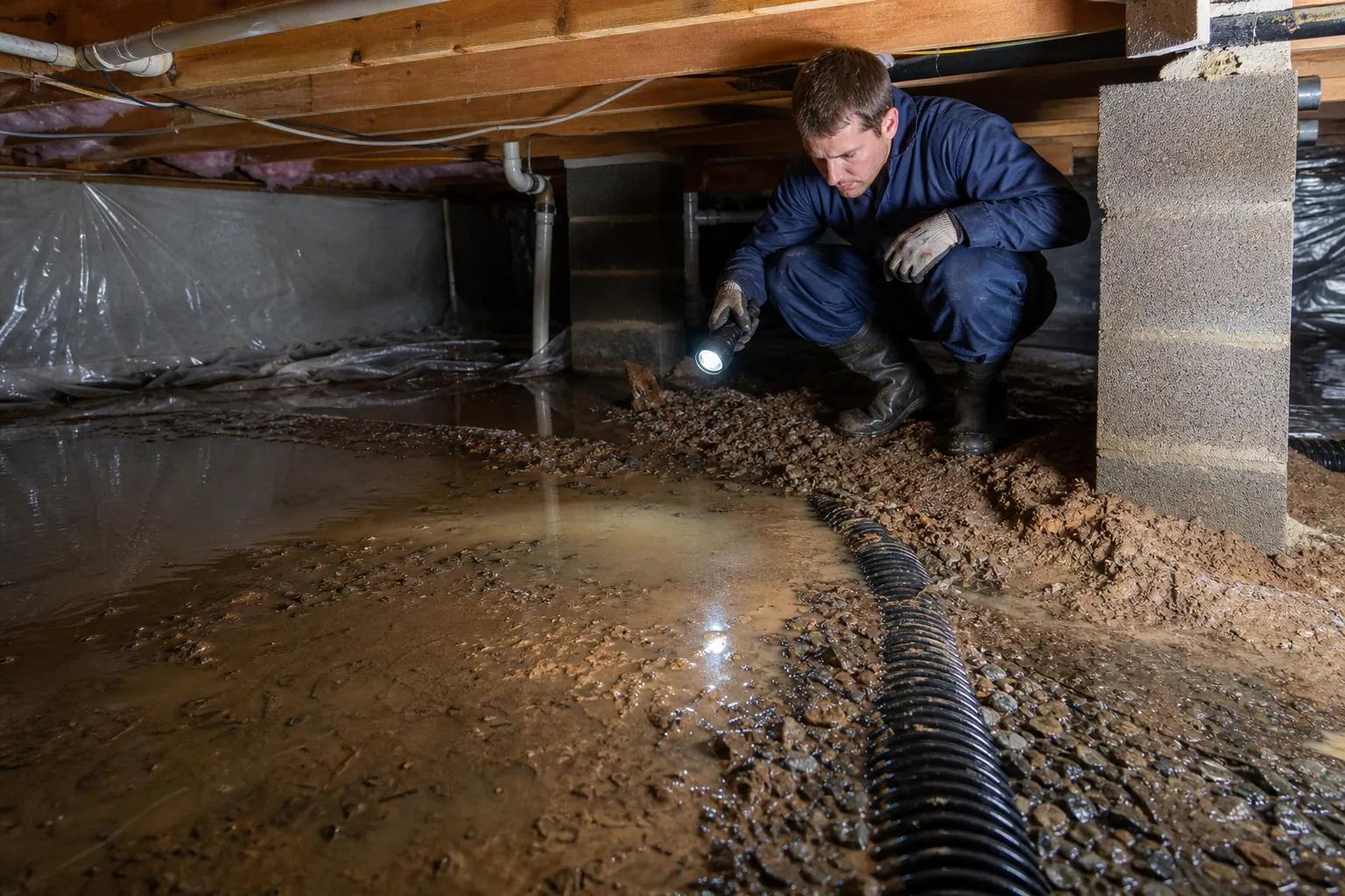 Worker with a flashlight inspects standing muddy water and a black drainage pipe beneath a home's crawl space.