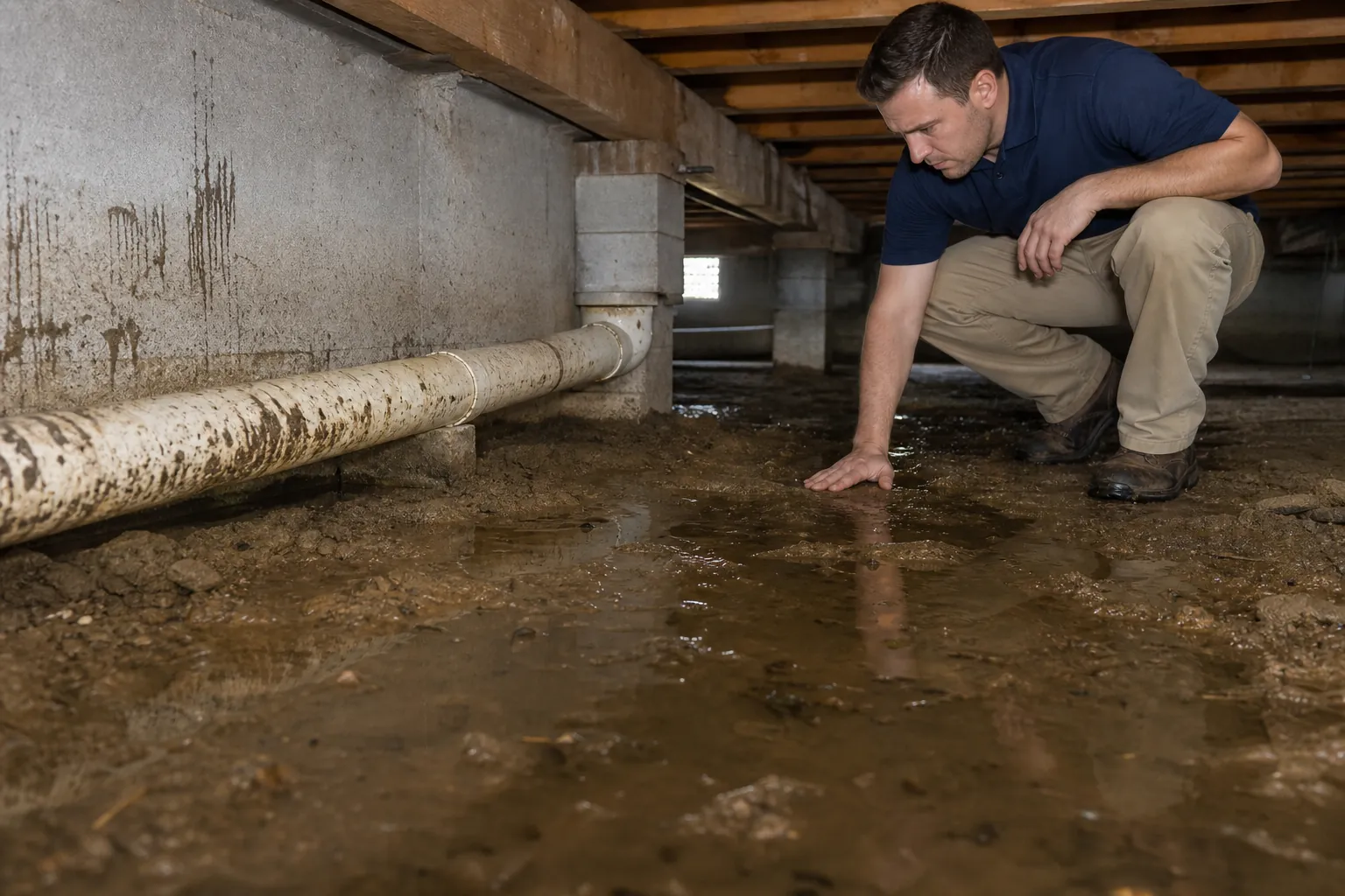 A man crouches in a low crawl space and checks standing water beside a stained drainage pipe and concrete supports.