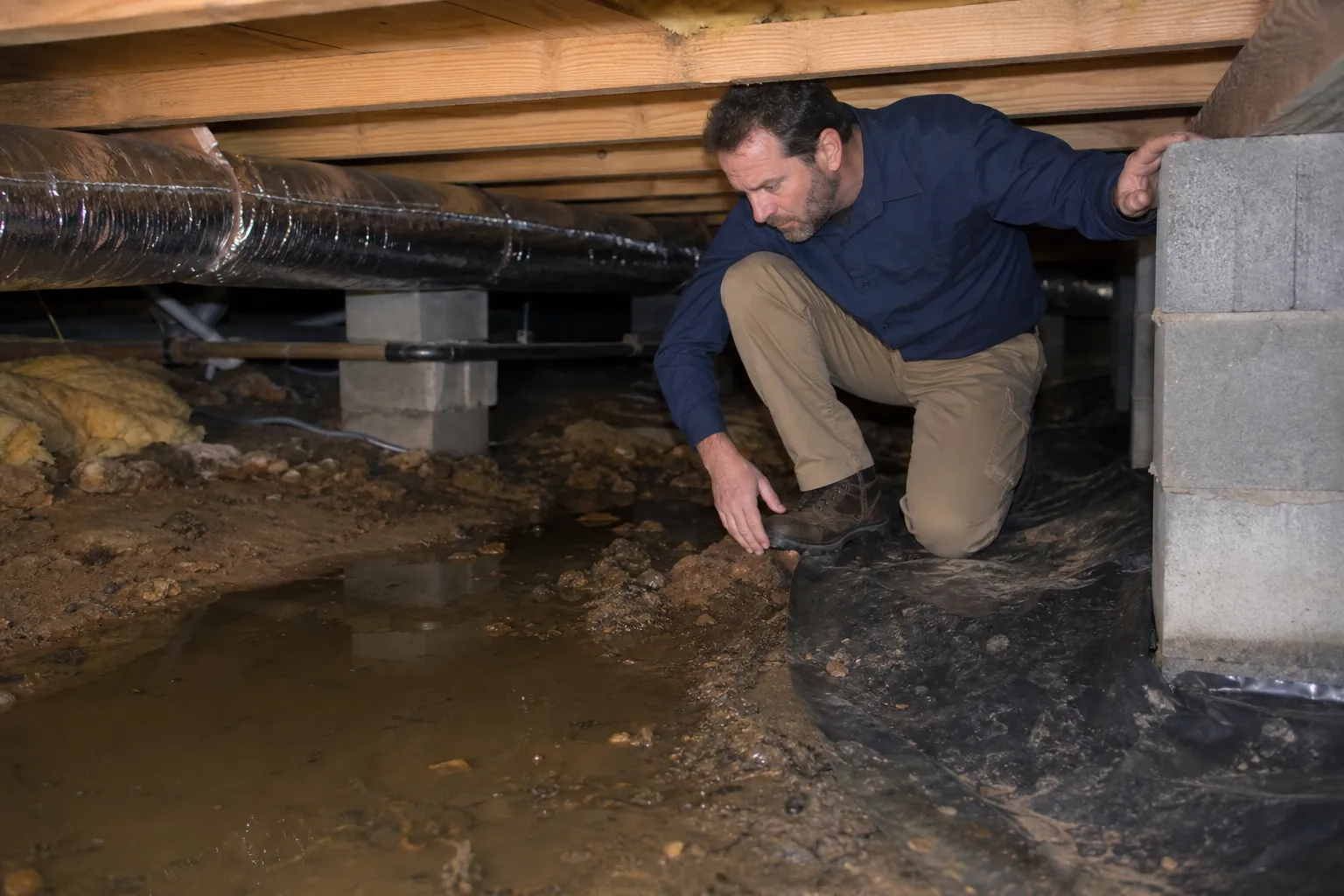 A man kneels beside standing muddy water beneath floor joists while inspecting a damp crawl space.