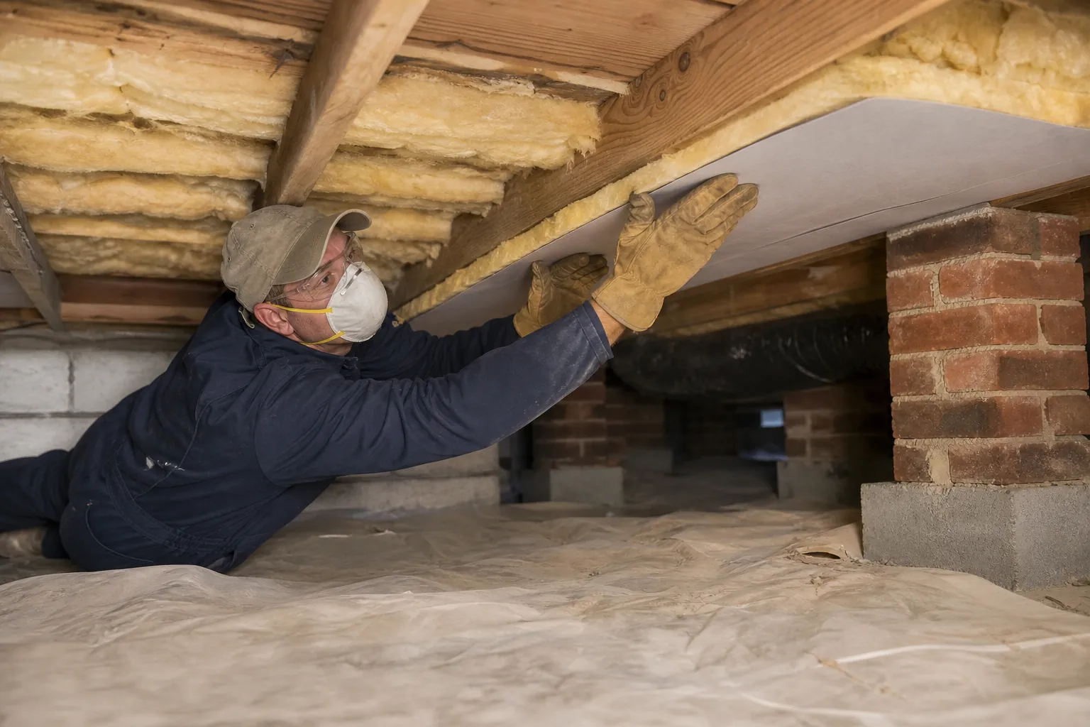 Worker wearing gloves, goggles and a respirator holds a rigid panel beneath exposed fiberglass insulation in a crawl space.