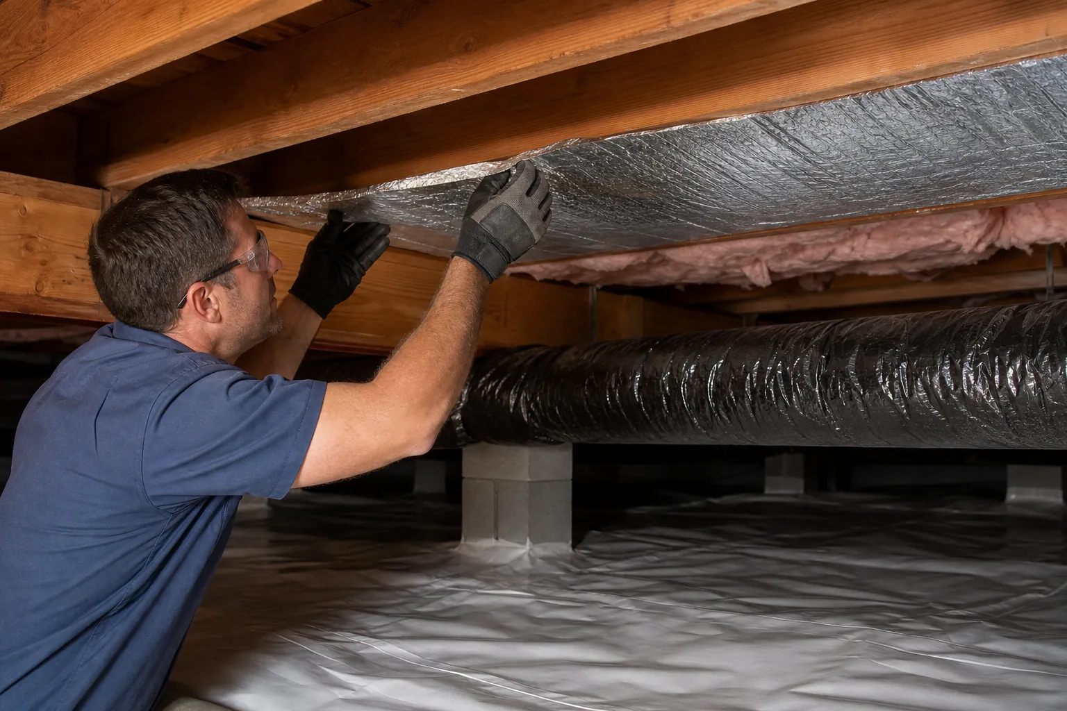 A gloved worker adjusts reflective insulation beneath wooden crawl space joists, above a large duct and plastic-covered ground.