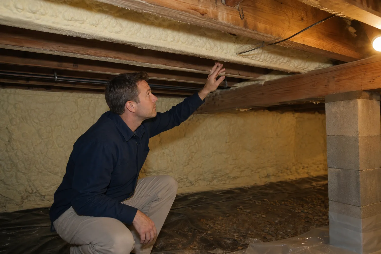 A man crouches in a crawl space, reaching toward exposed wood joists beside spray foam insulation on the walls and ceiling.
