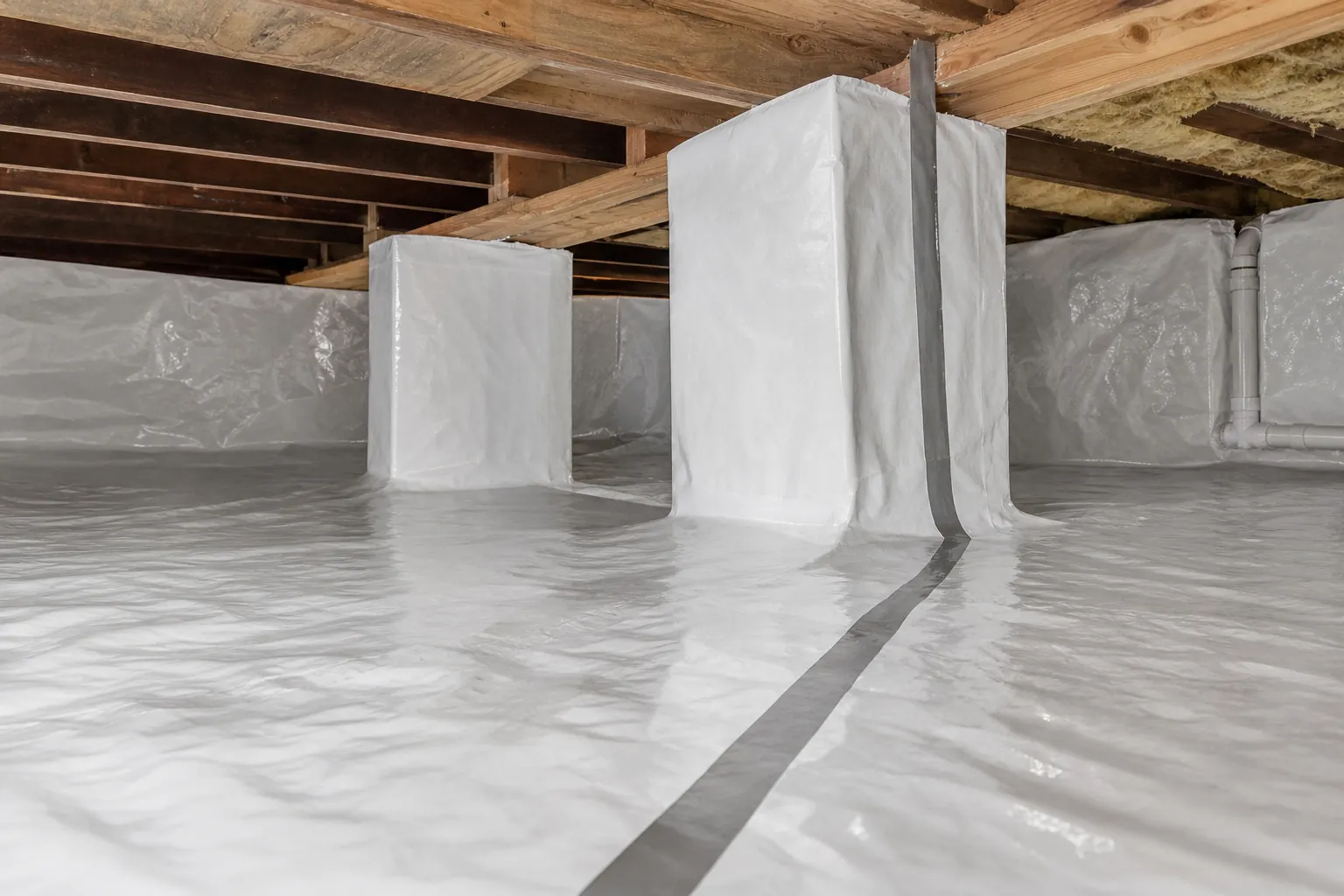 White liner covers a crawl space floor, walls and support piers, with a gray seam strip beneath exposed wooden joists.