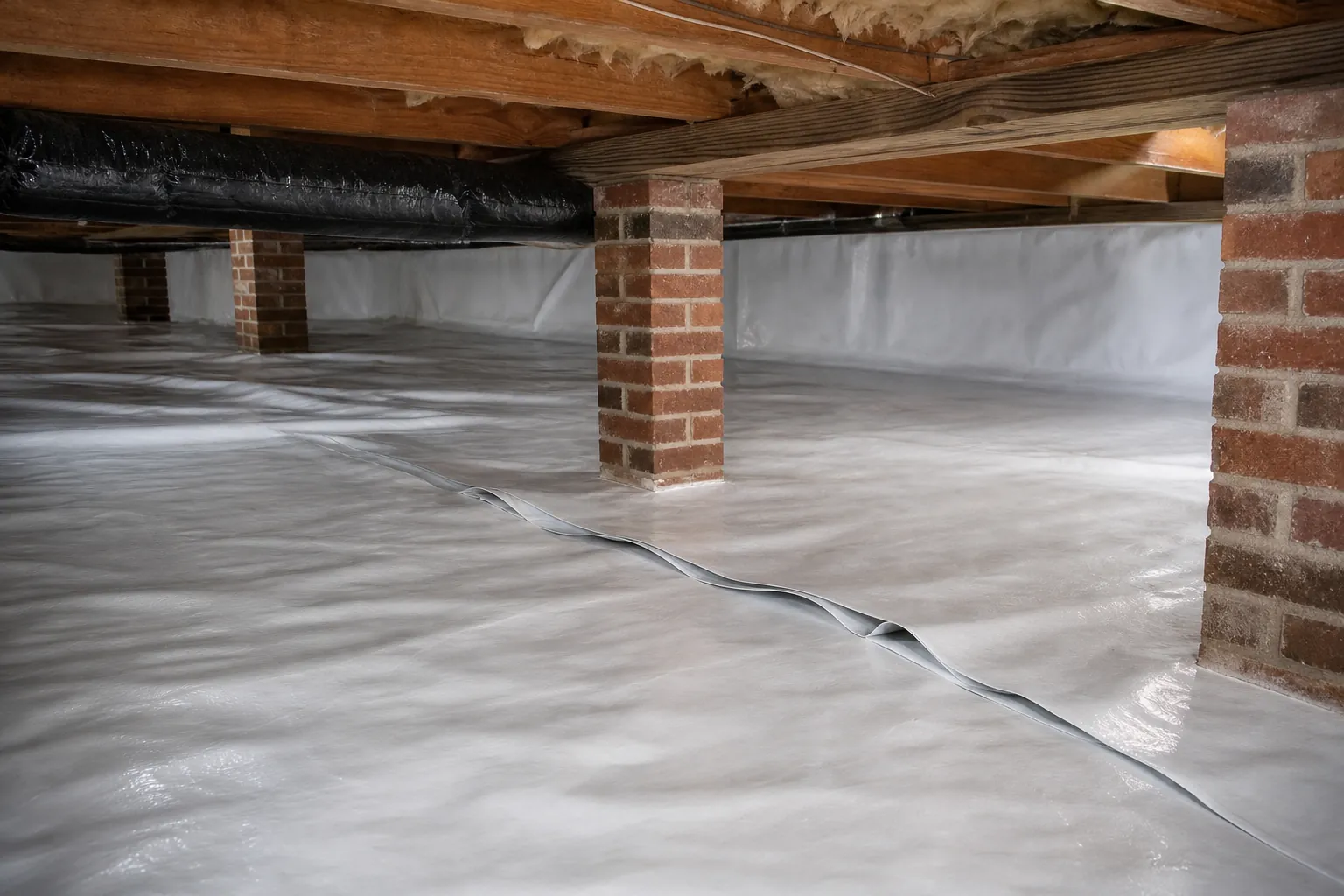 White crawl space liner with a raised, wrinkled seam across the floor, brick support piers, and exposed wooden joists overhead.