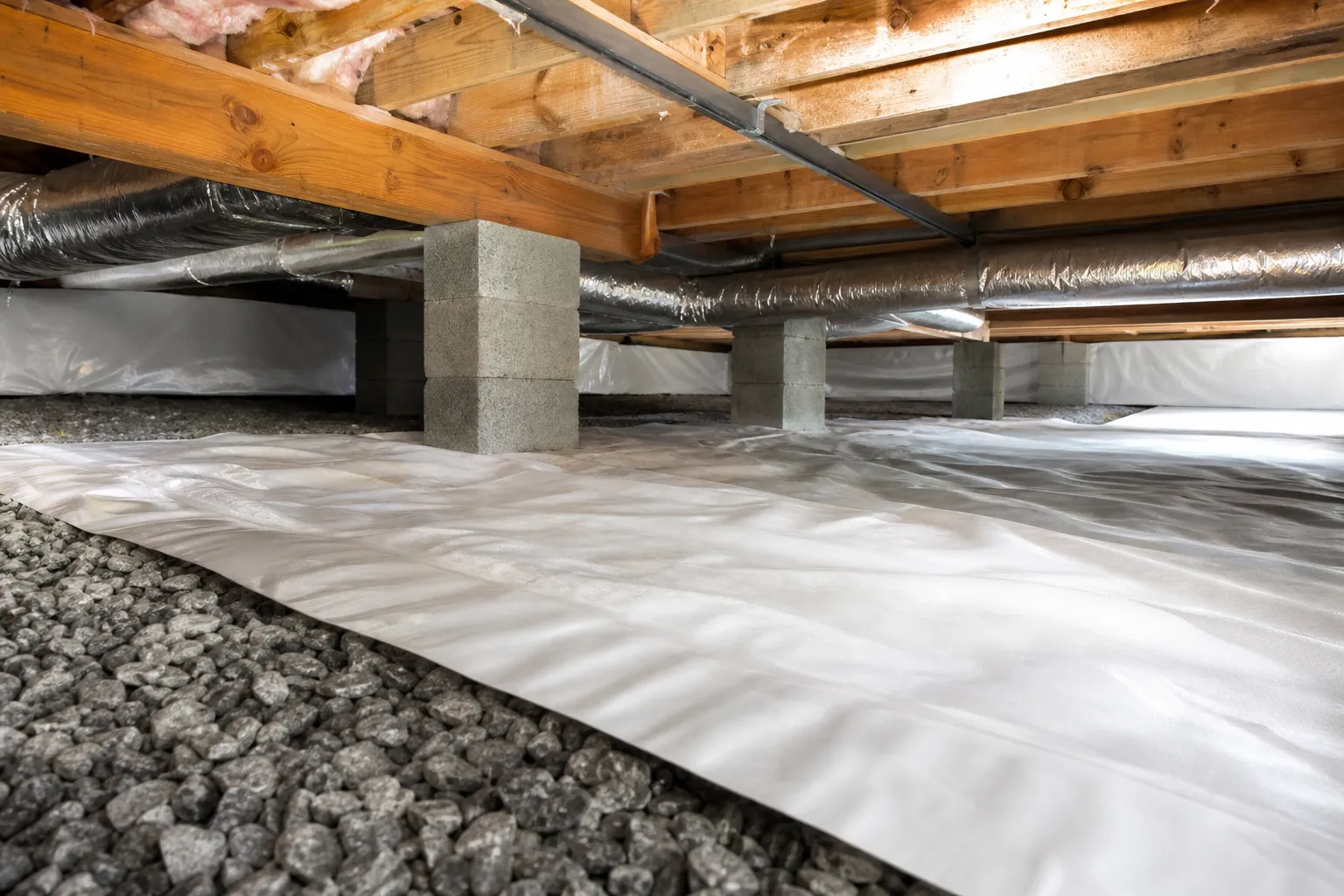 Editorial illustration of Can a Crawl Space Vapor Barrier Be Installed Over Gravel? in North Carolina