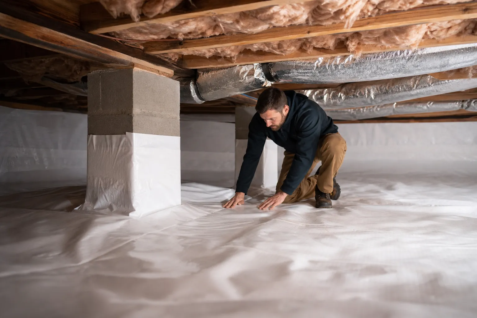 A man kneels on a white crawl space liner beneath exposed wooden joists, pink insulation, and silver ductwork.