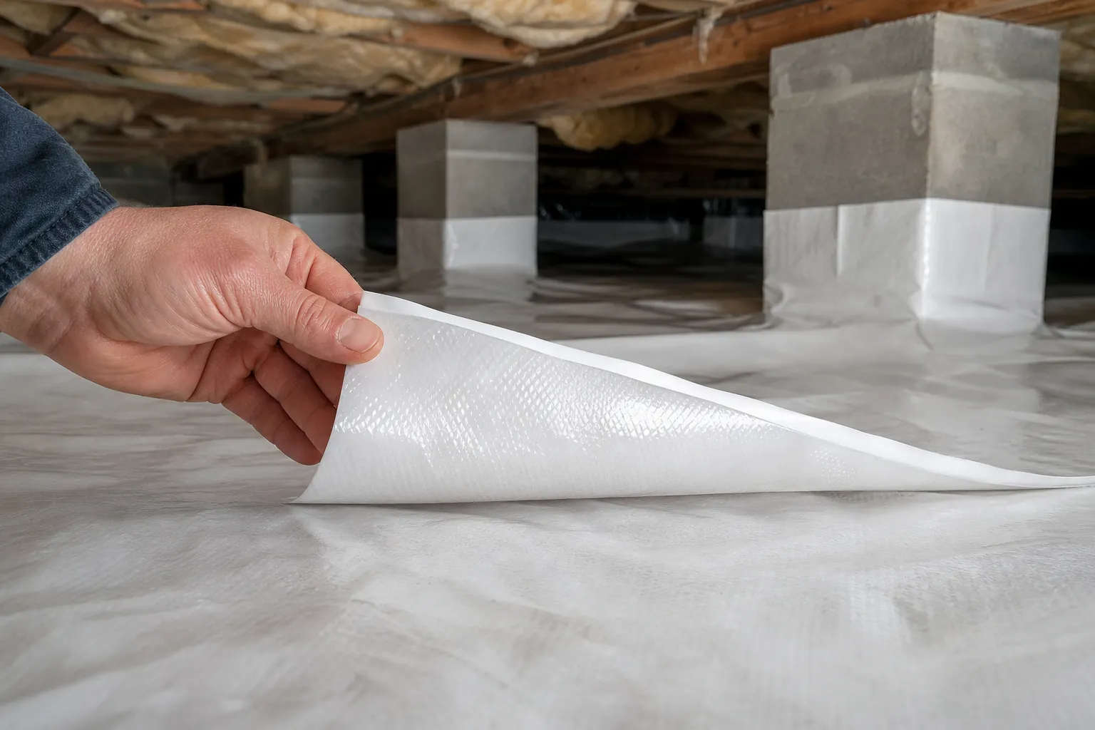 A hand lifts a corner of white textured crawl space liner beneath wooden joists, insulation, and concrete support piers.
