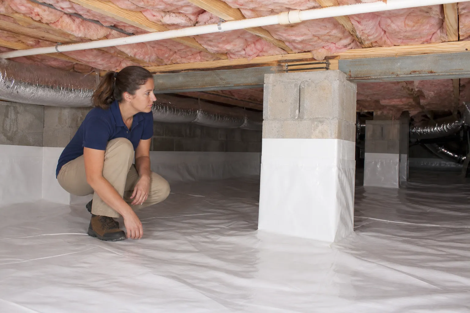 A woman crouches in a crawl space with white liner covering the floor and lower masonry supports beneath insulated joists.