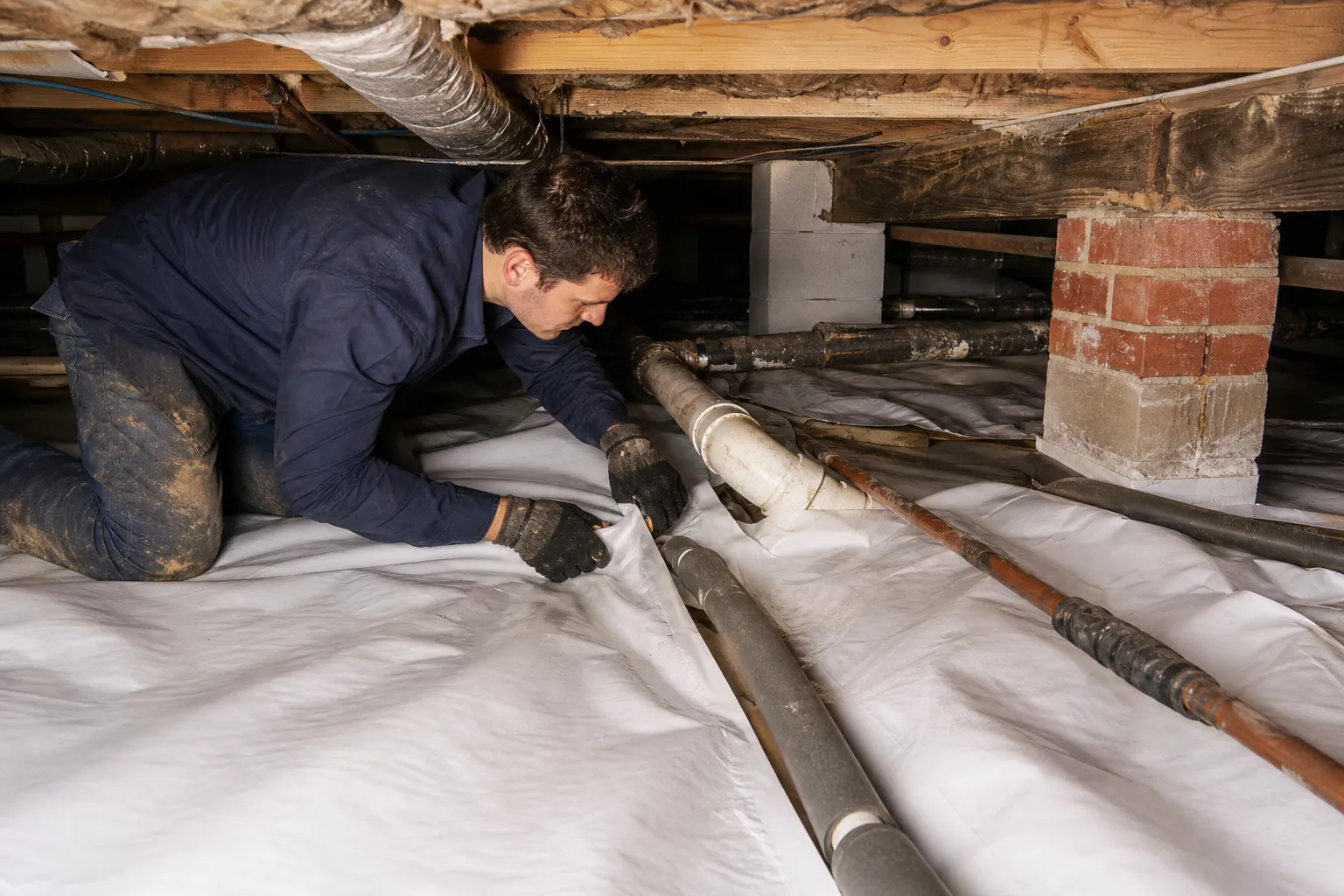 Worker kneels in a crawl space while fitting a white liner around plumbing pipes beneath floor joists.
