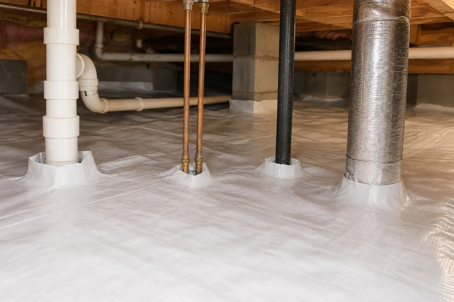 White crawl space liner sealed around PVC plumbing, copper lines, a black pipe, and an insulated duct.
