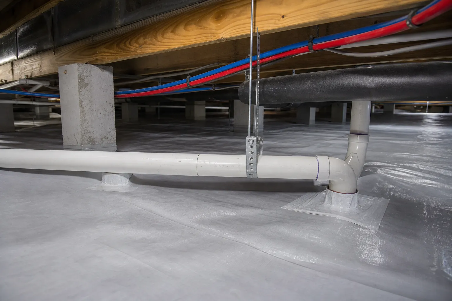 White crawl space liner sealed around a PVC drain pipe beneath water lines, ductwork, joists, and support piers.