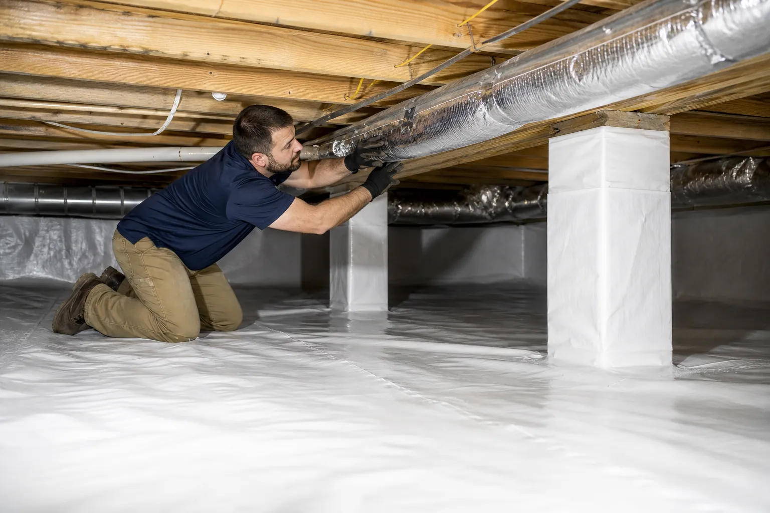 A kneeling worker checks insulated ductwork in a crawl space with white vapor barrier covering the floor and support piers.