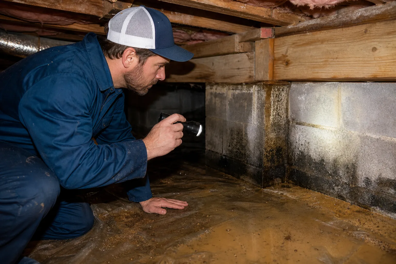 A man crouches in a crawl space, shining a flashlight on dark stains along a concrete block wall above muddy plastic sheeting.