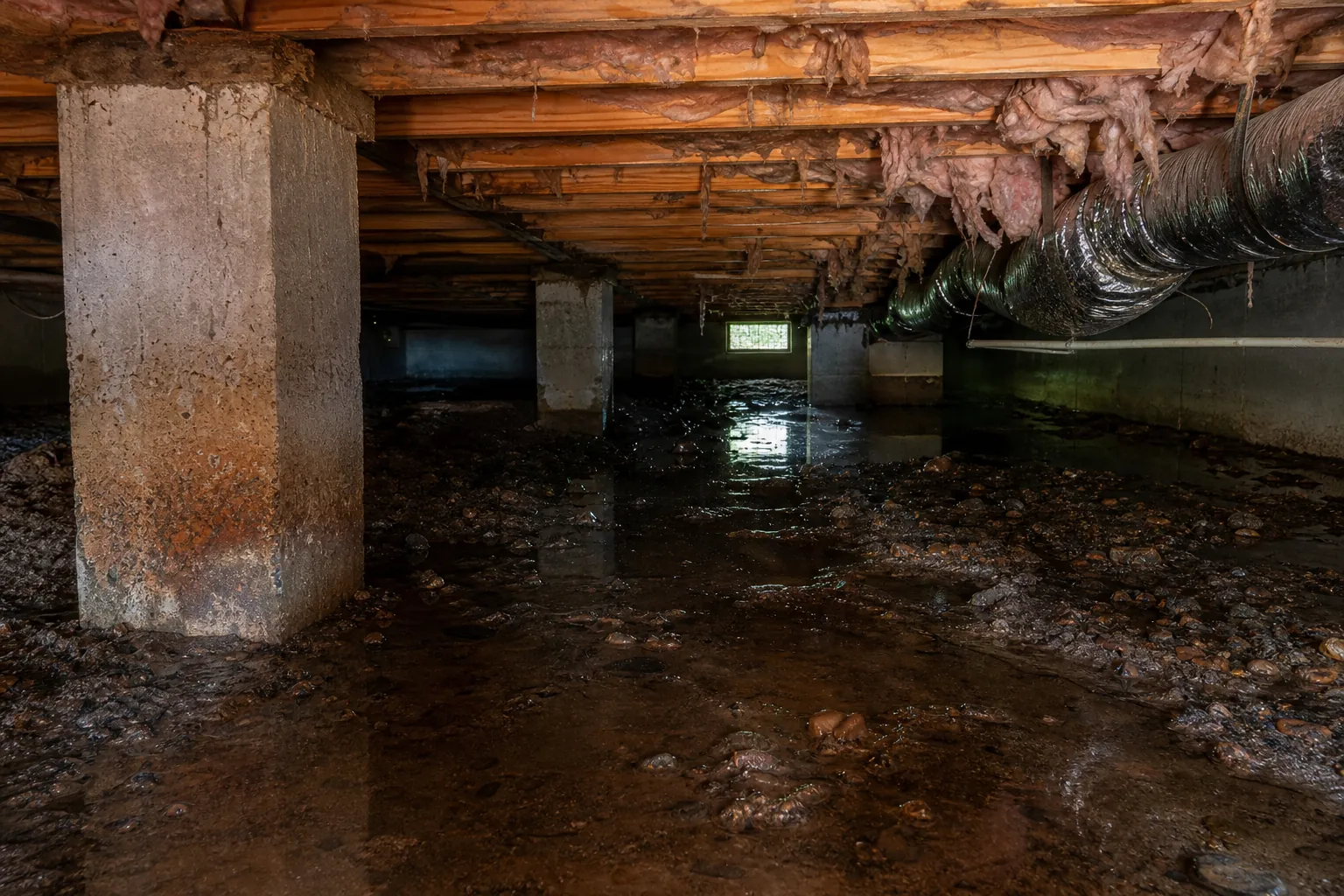 Standing water covers a muddy crawl space floor beneath wooden joists, sagging insulation, concrete piers and ductwork.