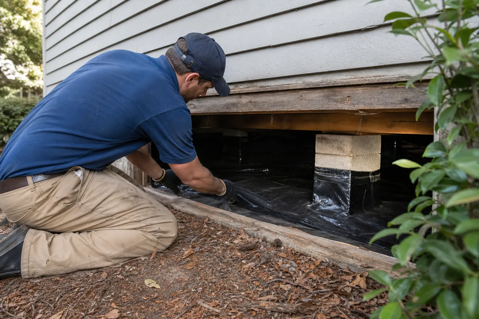 Worker kneeling beside a house while installing black plastic sheeting in an open crawl space beneath the siding.