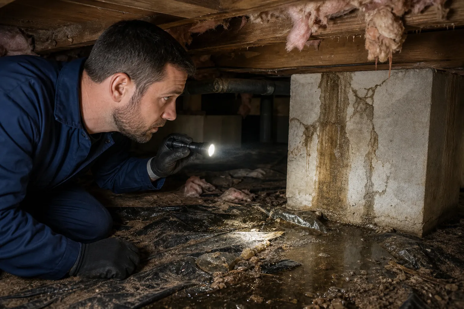 Inspector shines a flashlight on water stains and pooling moisture around a concrete crawl space support pier.