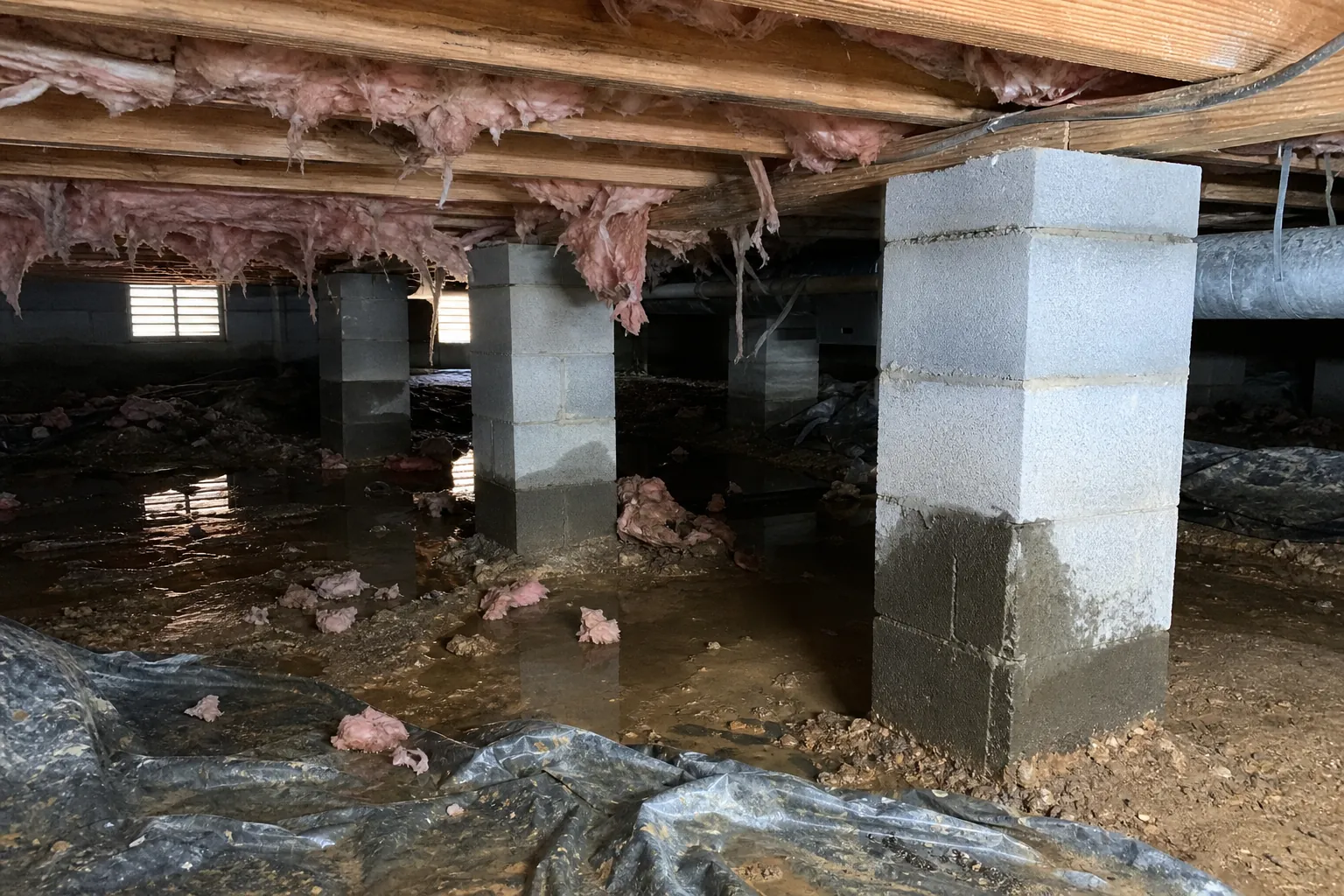 Standing water beneath damaged insulation and concrete block supports in a damp residential crawl space.