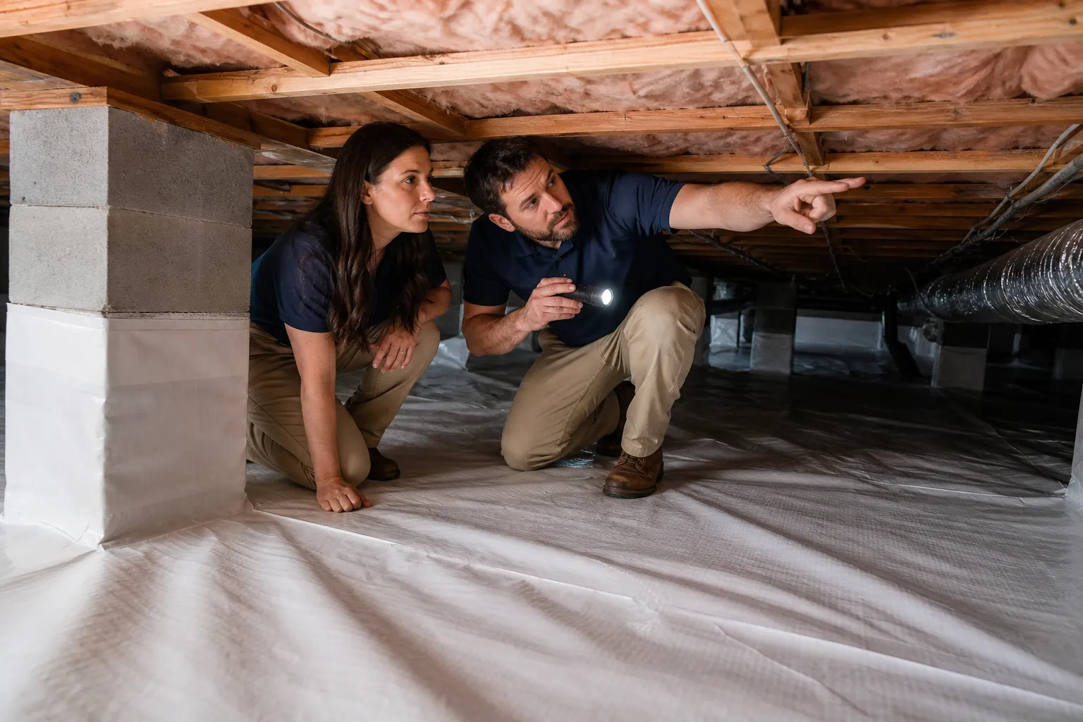 Two people kneel in a crawl space as a man holds a flashlight and points toward exposed floor joists and insulation.