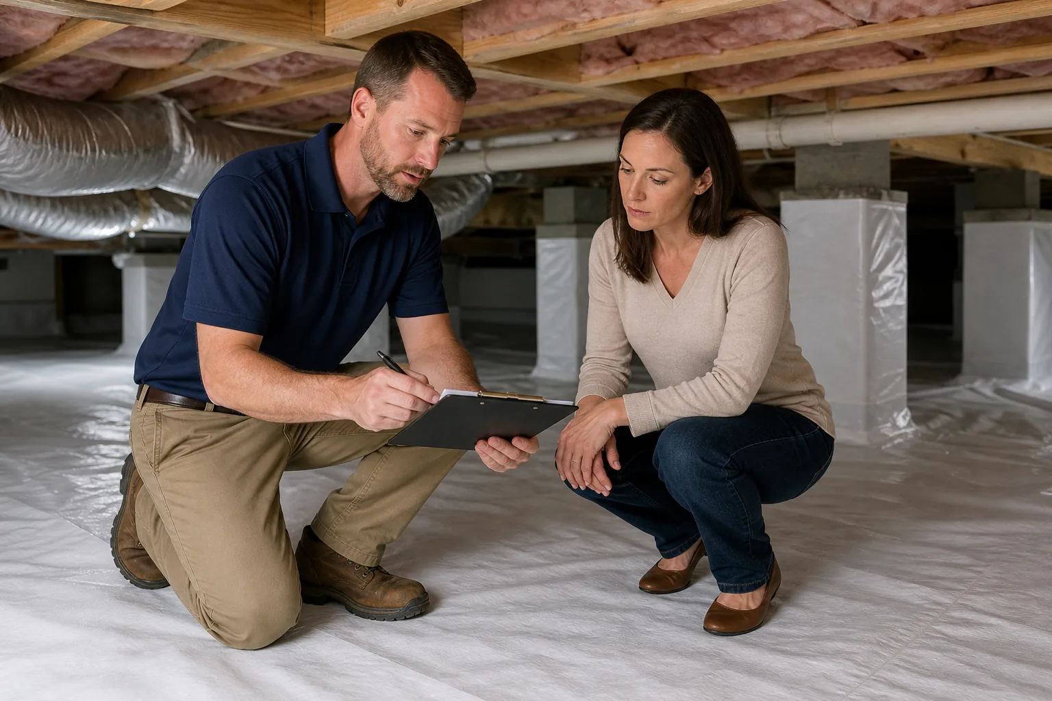 A man holding a pen and clipboard kneels beside a crouching woman in a crawl space with white floor lining and exposed joists.