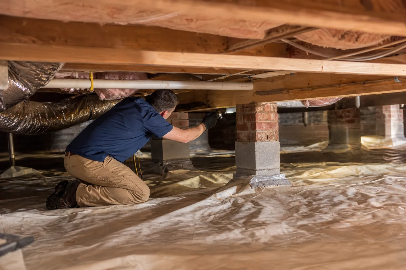 A worker kneels on plastic sheeting in a crawl space, inspecting wooden floor joists near brick piers, pipes, and ductwork.