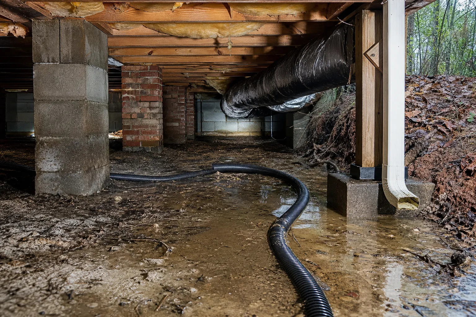 Standing water on a muddy crawl space floor beneath wood joists, with masonry piers, a black drainage pipe and a downspout.