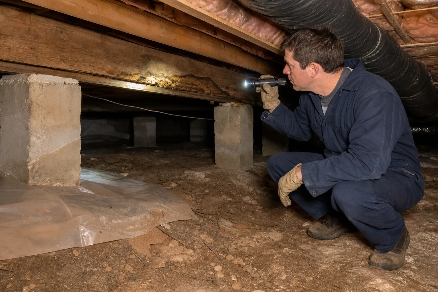 A worker shines a flashlight on damaged wooden framing in a crawl space with concrete supports, exposed soil, and overhead ductwork.