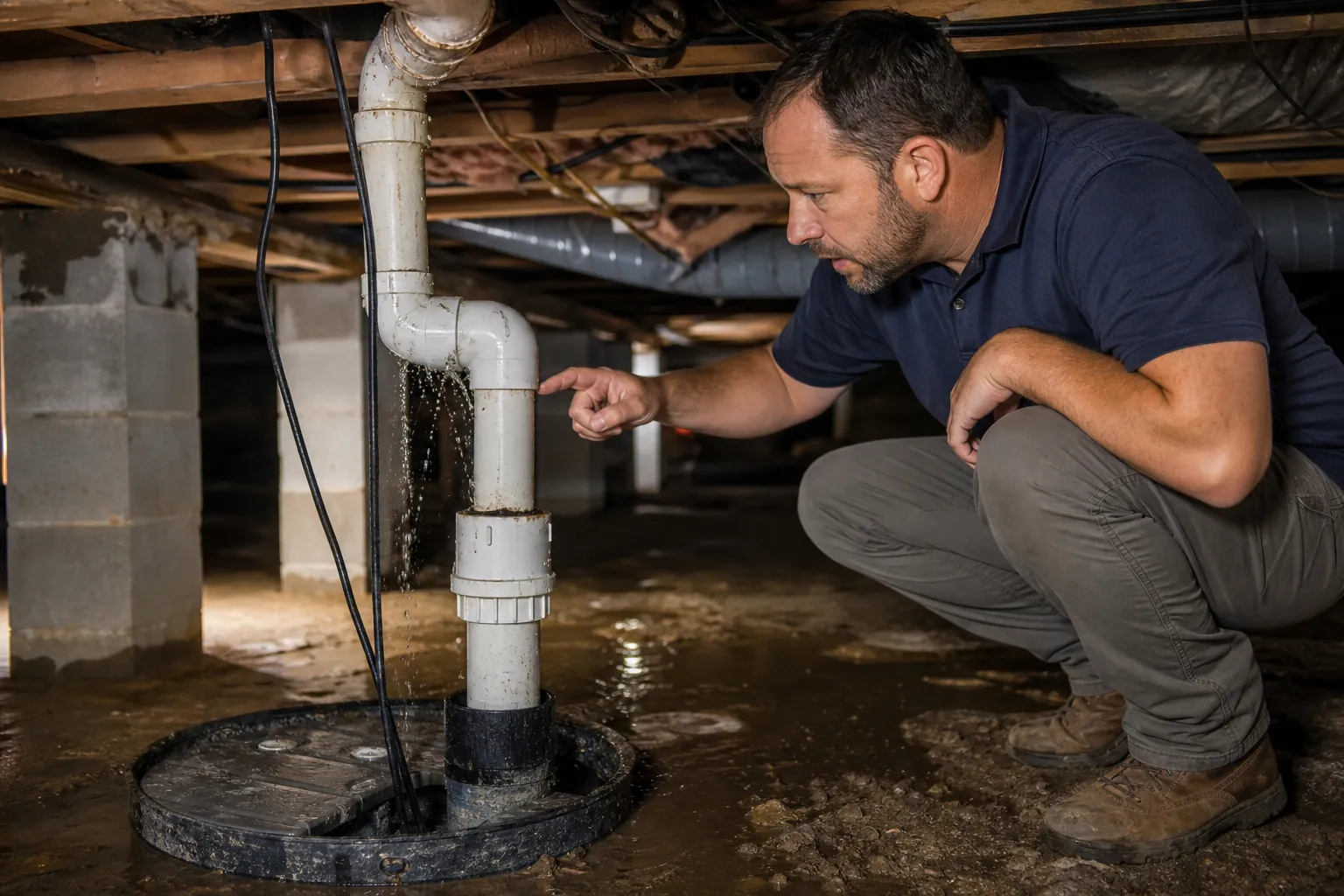 A crouching man inspects water leaking from a sump pump discharge pipe in a flooded crawl space.
