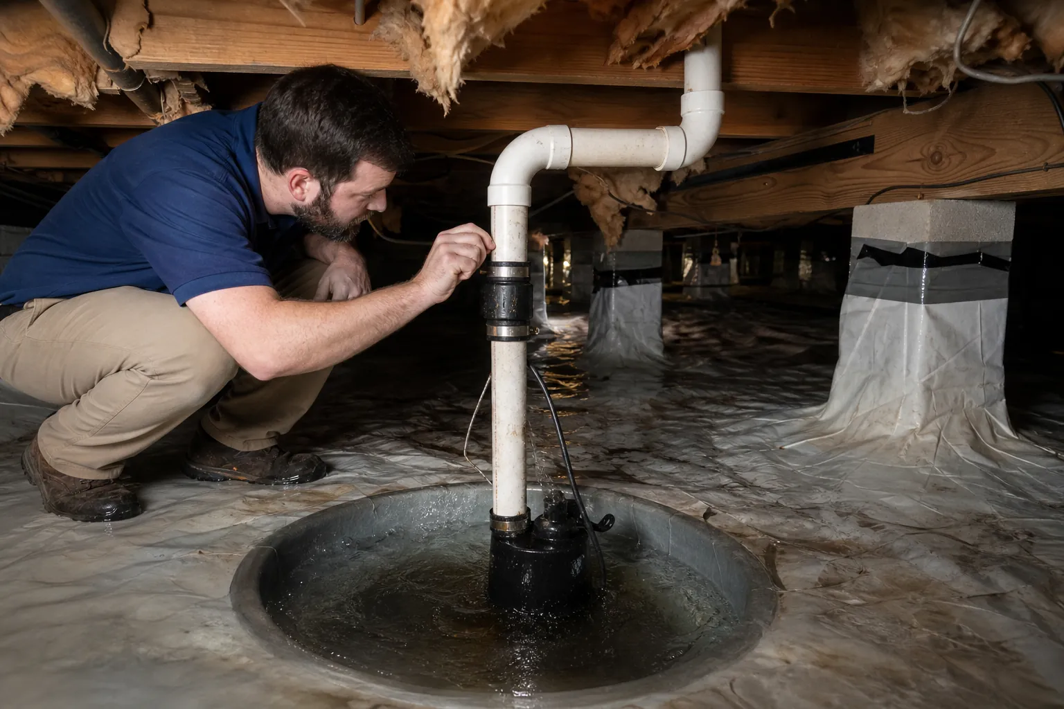 Technician inspects a sump pump discharge pipe and check valve above a water-filled crawl space basin.