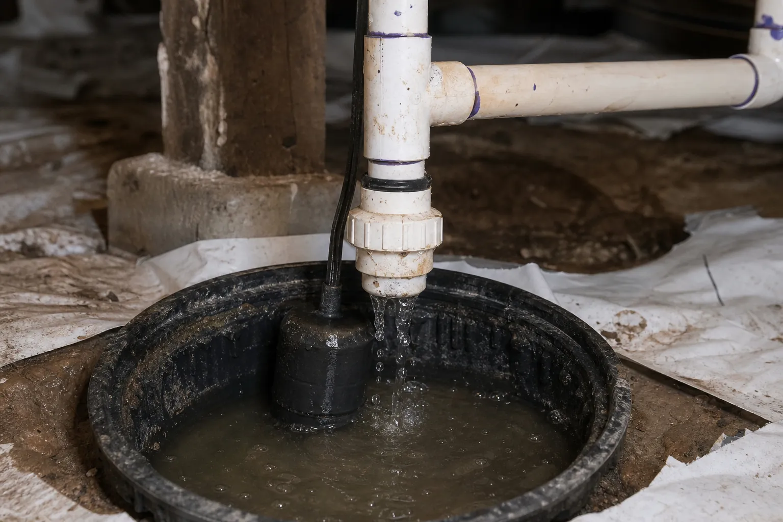 Water drips from a white PVC discharge pipe back into a murky crawl space sump pit beside the pump.