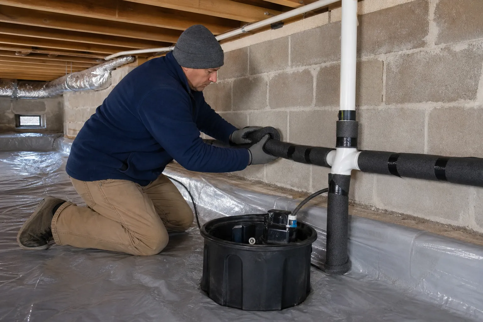 Worker installs foam insulation around a sump pump discharge pipe in a plastic-lined crawl space.