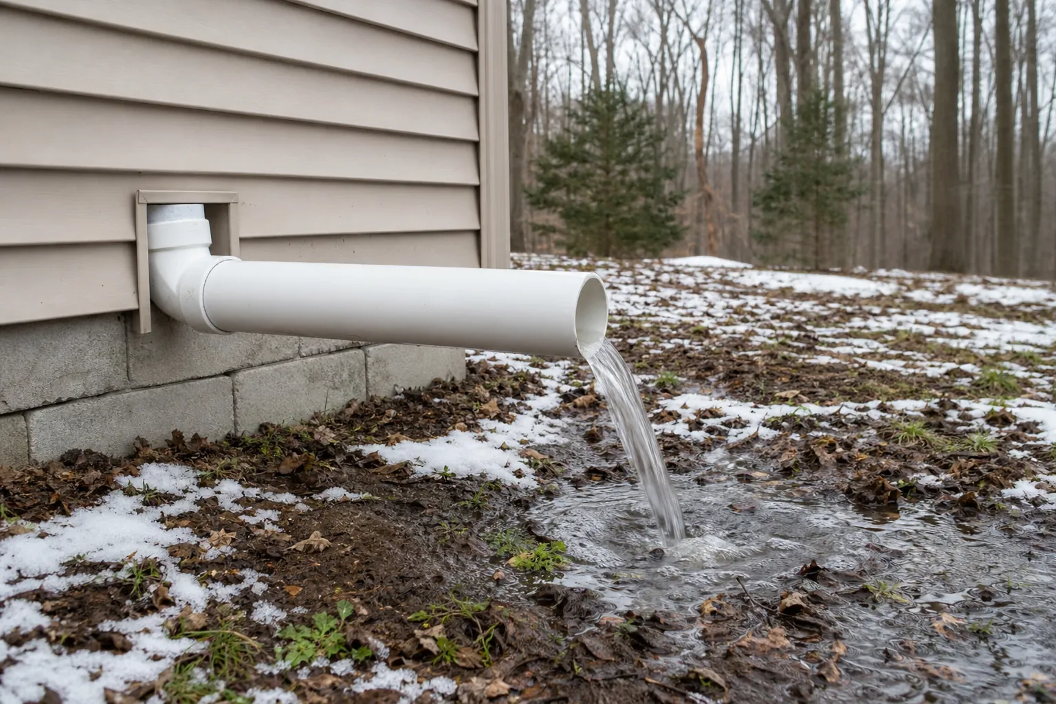 Water flows from a white sump pump discharge pipe beside a house onto patchy snow-covered ground.