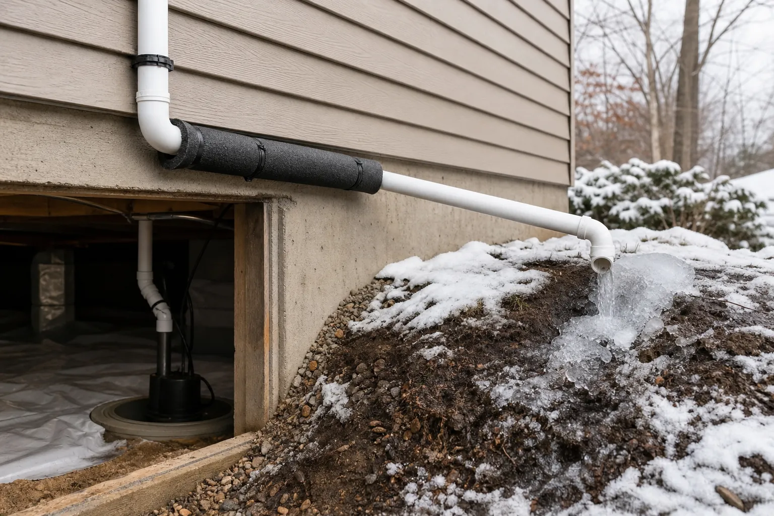 Crawl space sump pump discharge pipe exits a house through insulation and drains beside a mound of ice and snow.