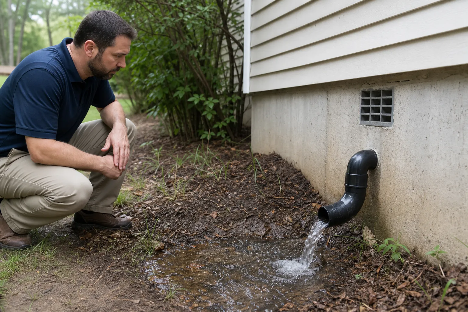 A crouching man inspects water flowing from a black sump pump discharge pipe beside a home's foundation.