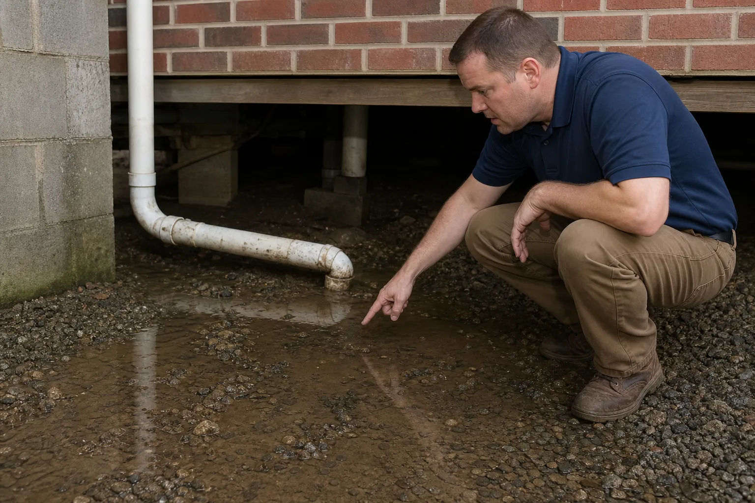 A crouching man points to pooled water beside a crawl space and a white sump pump discharge pipe near the foundation.