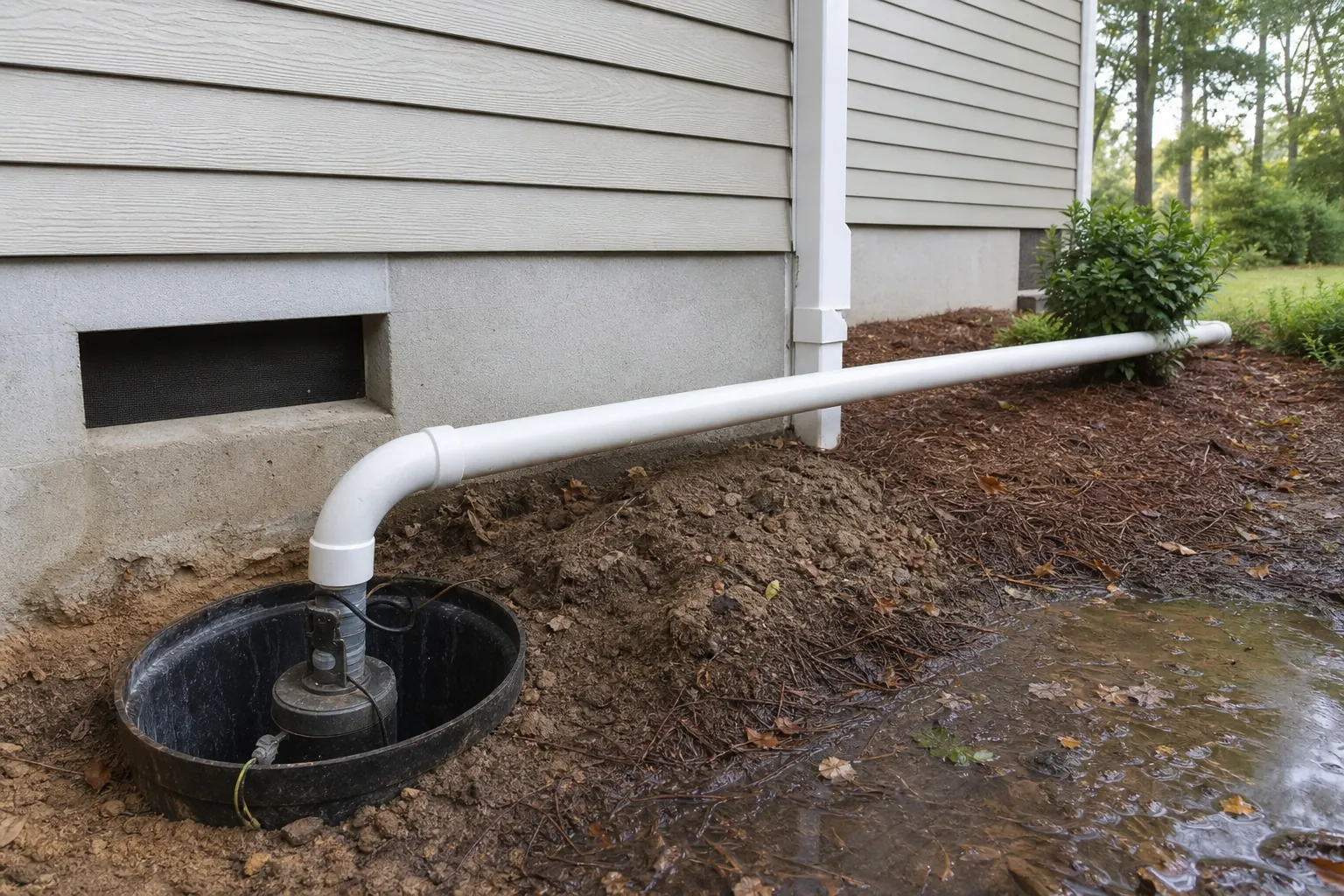 Exposed sump pump beside a house foundation with a PVC discharge pipe extending across wet soil near the wall.