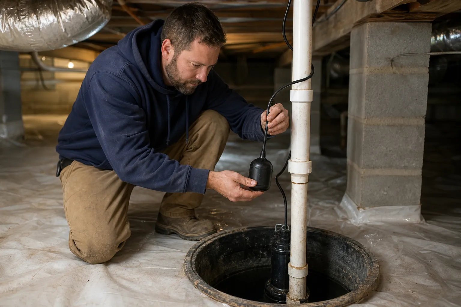 A man kneels in a crawl space and inspects a sump pump float switch beside an open basin and PVC pipe.