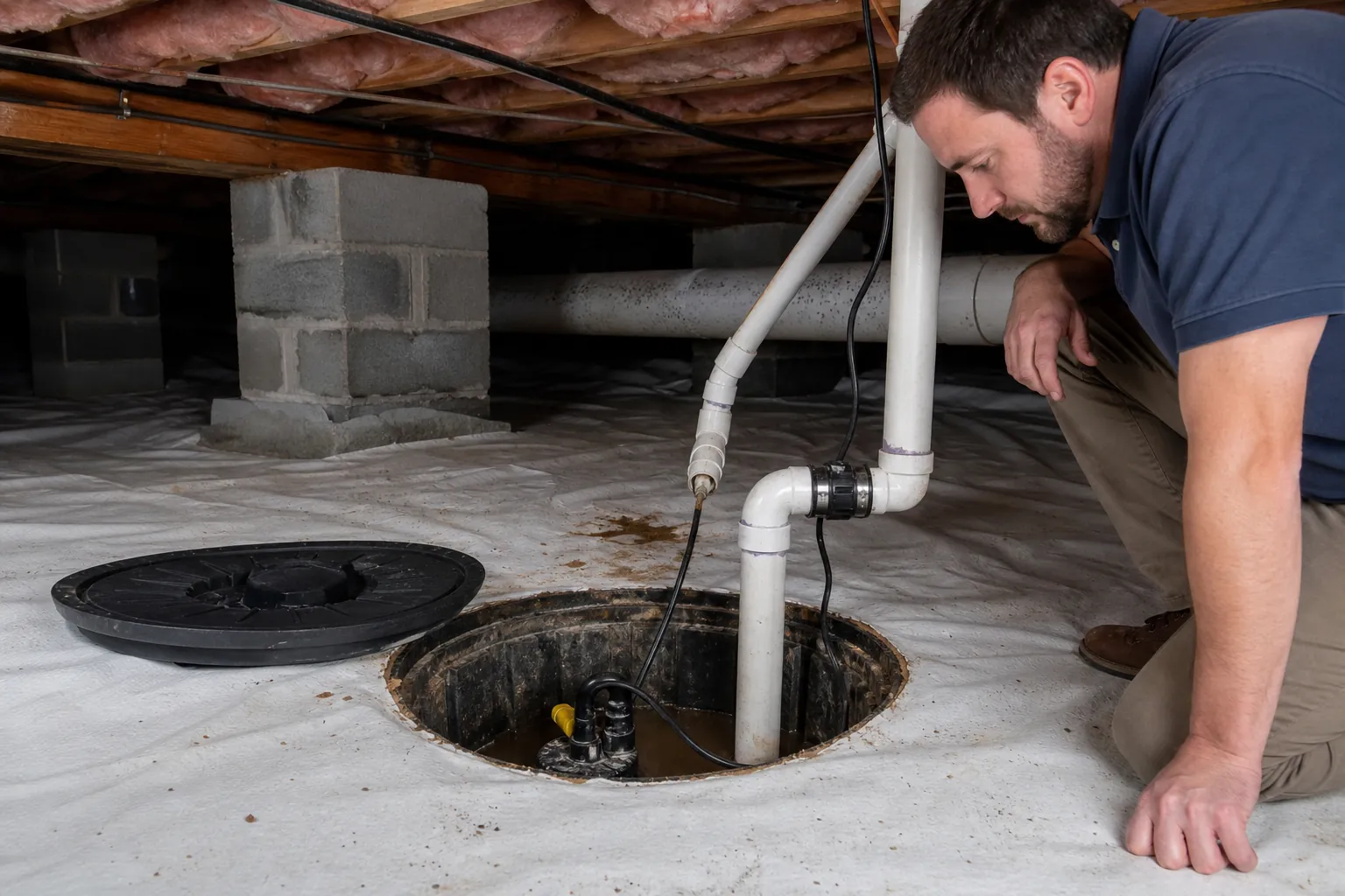 A man inspects an open sump pump basin with standing water, pipes, and wiring in a low crawl space.