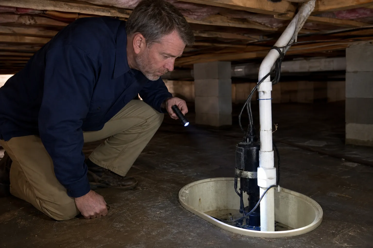 A man uses a flashlight to inspect a sump pump and open basin beneath the floor joists of a crawl space.