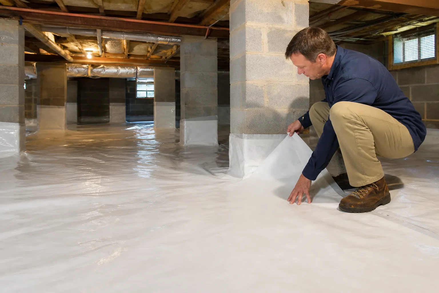 A man crouches in a crawl space, lifting white vapor barrier sheeting beside a concrete block pier beneath exposed floor joists.