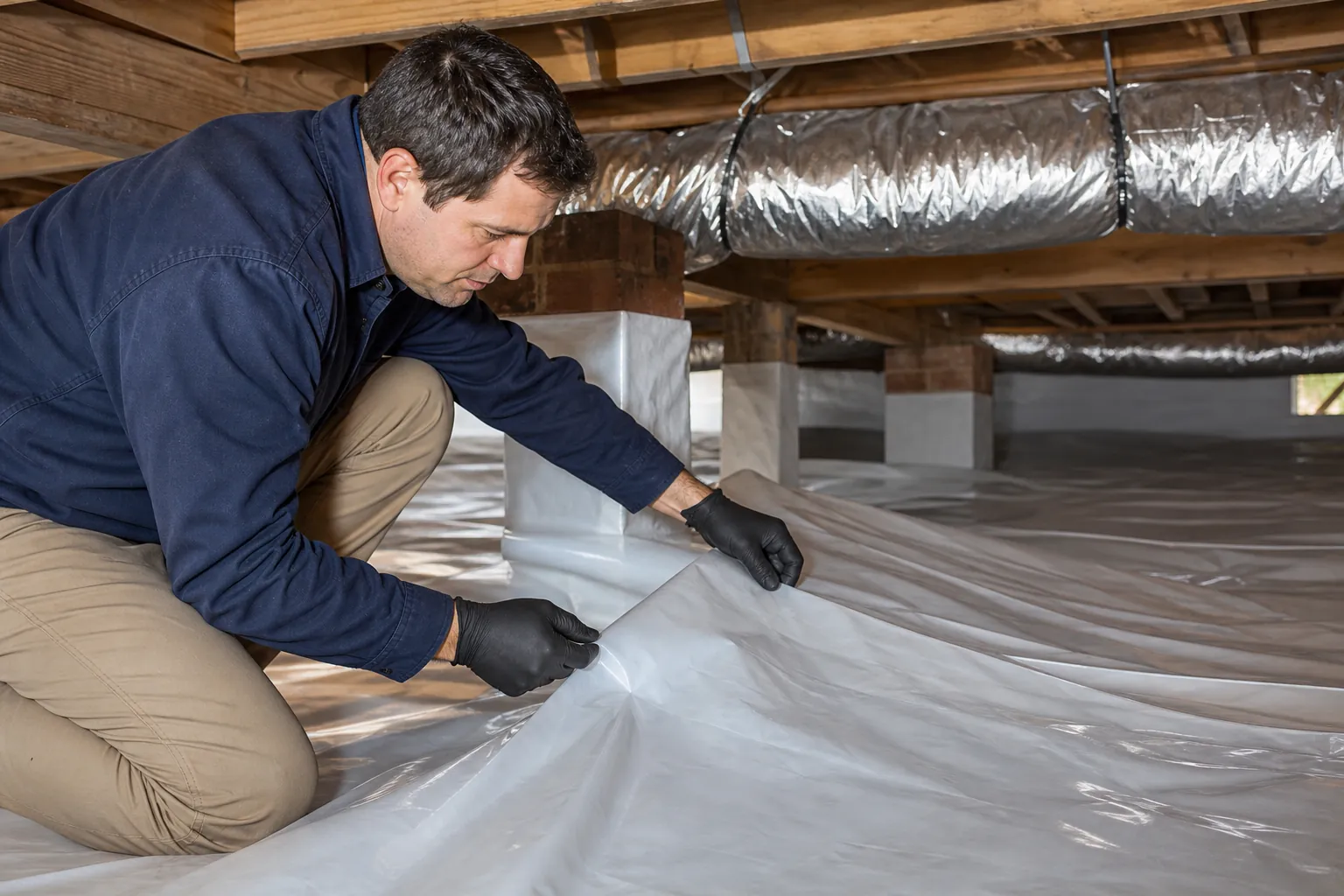 A kneeling man in black gloves lifts white vapor barrier sheeting beneath wooden joists and insulated ducts in a crawl space.